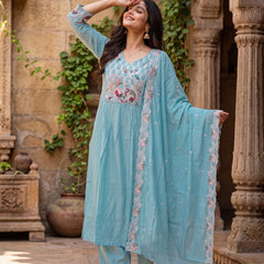 Women’s Silk Embroidered Flared Kurta With Pant & Heavy Embroidered Dupatta Set
