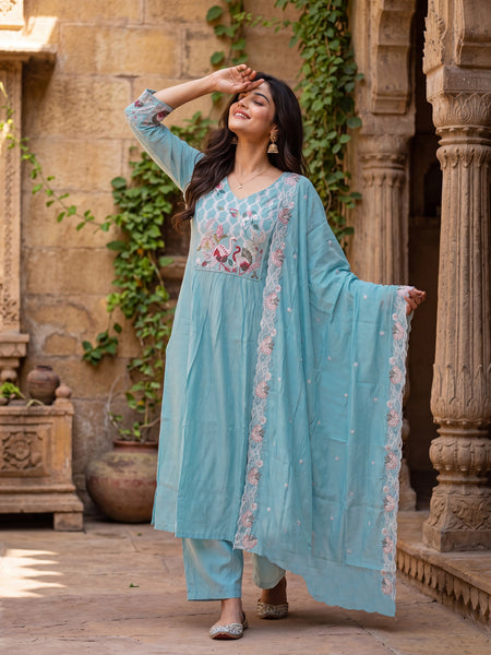 Women’s Silk Embroidered Flared Kurta With Pant & Heavy Embroidered Dupatta Set