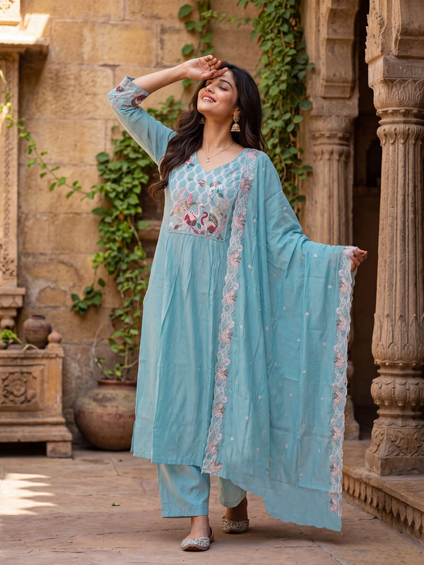 Women’s Silk Embroidered Flared Kurta With Pant & Heavy Embroidered Dupatta Set
