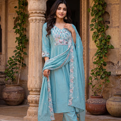 Women’s Silk Embroidered Flared Kurta With Pant & Heavy Embroidered Dupatta Set