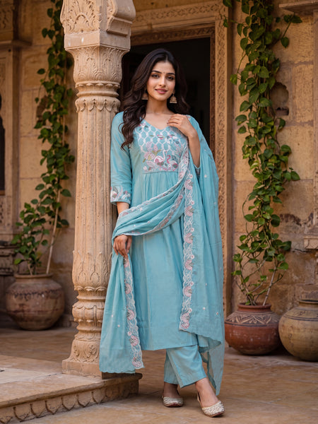 Women’s Silk Embroidered Flared Kurta With Pant & Heavy Embroidered Dupatta Set