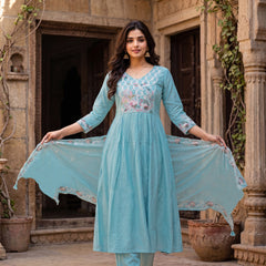 Women’s Silk Embroidered Flared Kurta With Pant & Heavy Embroidered Dupatta Set