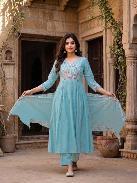 Women’s Silk Embroidered Flared Kurta With Pant & Heavy Embroidered Dupatta Set