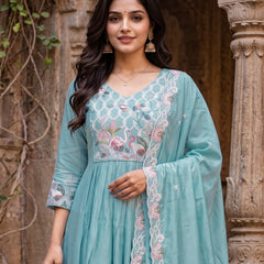 Women’s Silk Embroidered Flared Kurta With Pant & Heavy Embroidered Dupatta Set