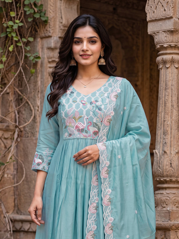 Women’s Silk Embroidered Flared Kurta With Pant & Heavy Embroidered Dupatta Set