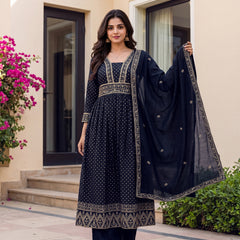 Women's Vichitra Silk Sequinned Embroidered Flared Kurta with Pant & Dupatta Set