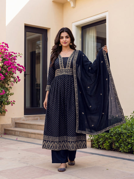 Women's Vichitra Silk Sequinned Embroidered Flared Kurta with Pant & Dupatta Set