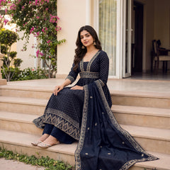 Women's Vichitra Silk Sequinned Embroidered Flared Kurta with Pant & Dupatta Set