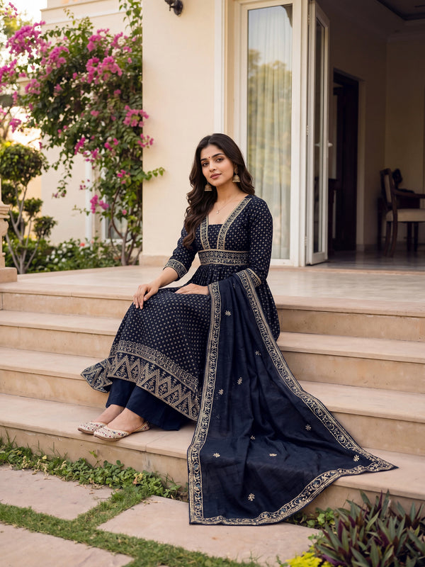 Women's Vichitra Silk Sequinned Embroidered Flared Kurta with Pant & Dupatta Set