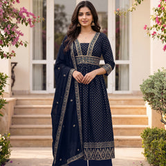 Women's Vichitra Silk Sequinned Embroidered Flared Kurta with Pant & Dupatta Set