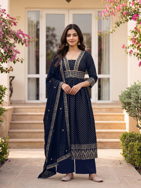 Women's Vichitra Silk Sequinned Embroidered Flared Kurta with Pant & Dupatta Set