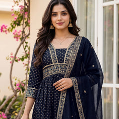Women's Vichitra Silk Sequinned Embroidered Flared Kurta with Pant & Dupatta Set