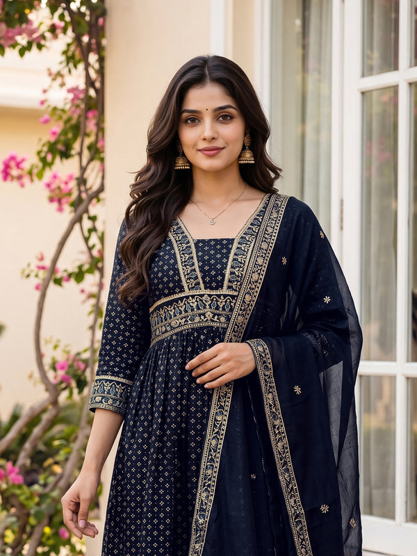 Women's Vichitra Silk Sequinned Embroidered Flared Kurta with Pant & Dupatta Set