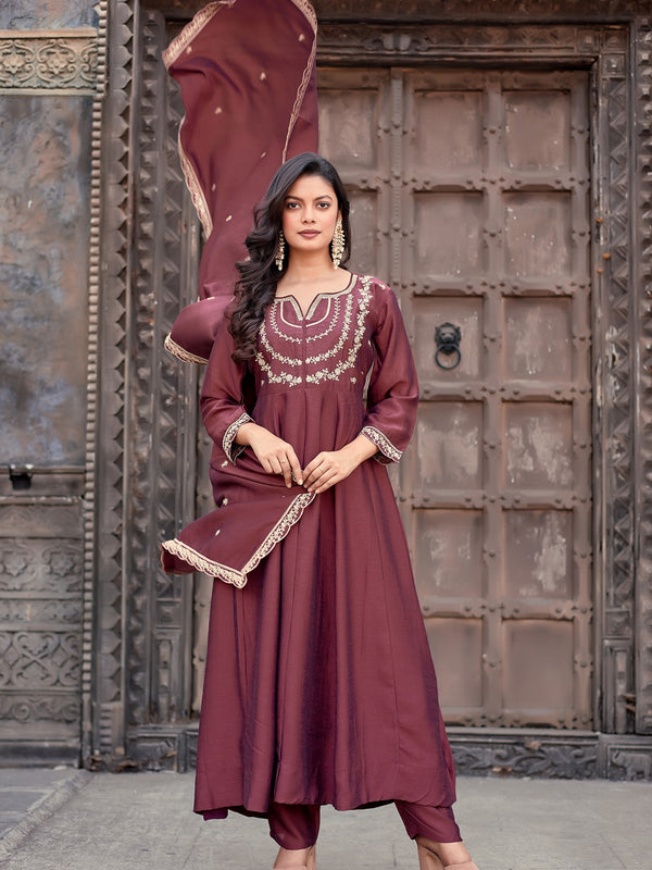 Vichitra Silk Embroidered Kurta Pant with Dupatta Set
