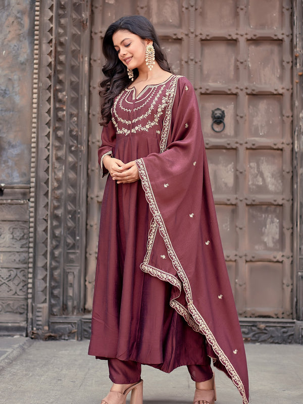Vichitra Silk Embroidered Kurta Pant with Dupatta Set