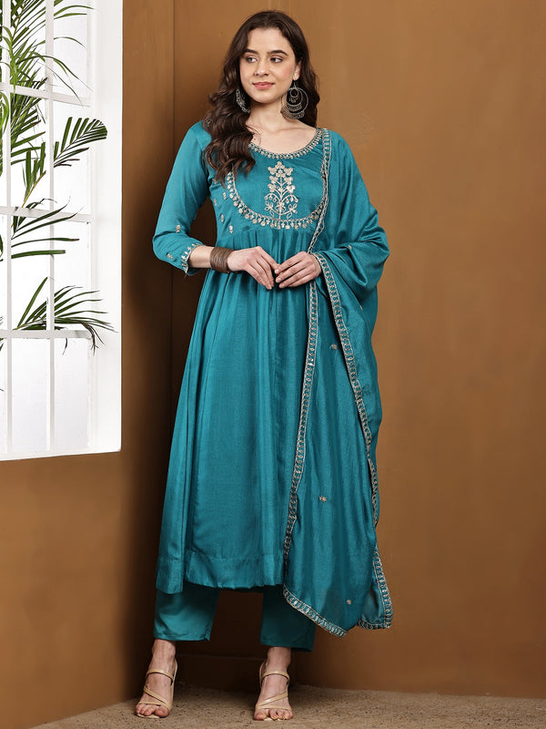 Vichitra Silk Kurta Pant Set With Vichitra Silk Dupatta