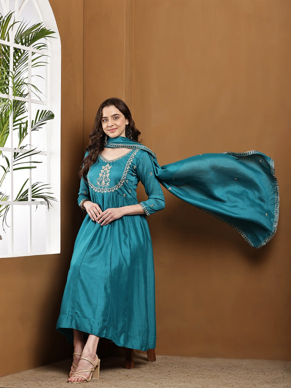 Vichitra Silk Kurta Pant Set With Vichitra Silk Dupatta