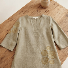 Women’s Olive Green Linen Cotton Embroidered Split V-Neck Top
