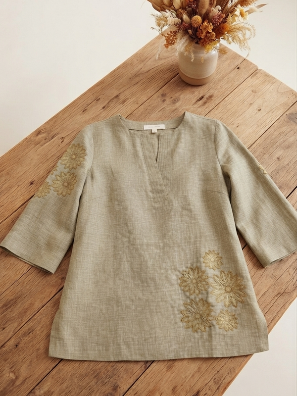 Women’s Olive Green Linen Cotton Embroidered Split V-Neck Top