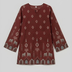 Women’s Maroon Cotton Kalamkari Bell Sleeve Tunic