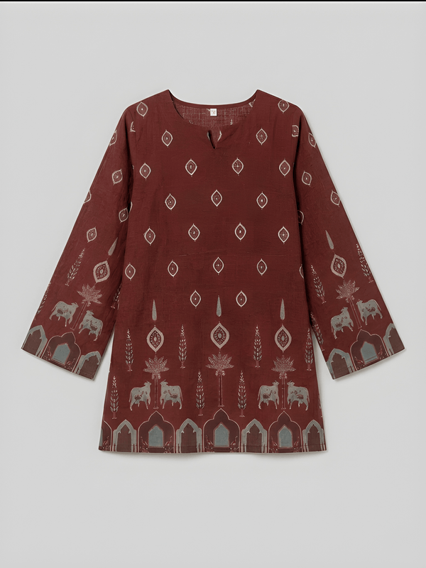 Women’s Maroon Cotton Kalamkari Bell Sleeve Tunic