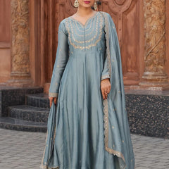 Women's Vichitra Silk Embroidered Kurta Palazzo & Dupatta Set