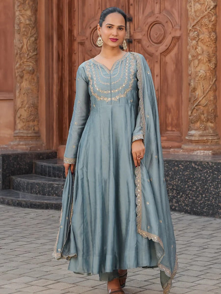 Women's Vichitra Silk Embroidered Kurta Palazzo & Dupatta Set