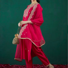Women’s Chanderi Embroidered Kurta with Stitched Bottom & Organza Dupatta Set