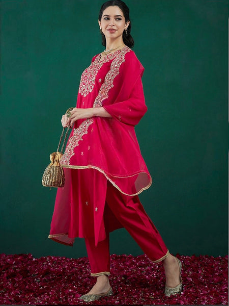 Women’s Chanderi Embroidered Kurta with Stitched Bottom & Organza Dupatta Set