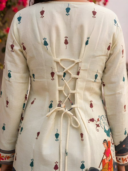 Women’s Cream Cotton Kalamkari Printed V-Neck Tunic