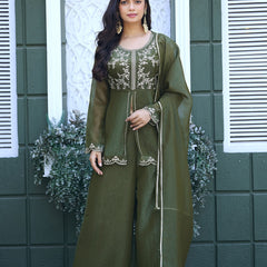Women's Crunchy Silk Kurta With Pant & Dupatta Set