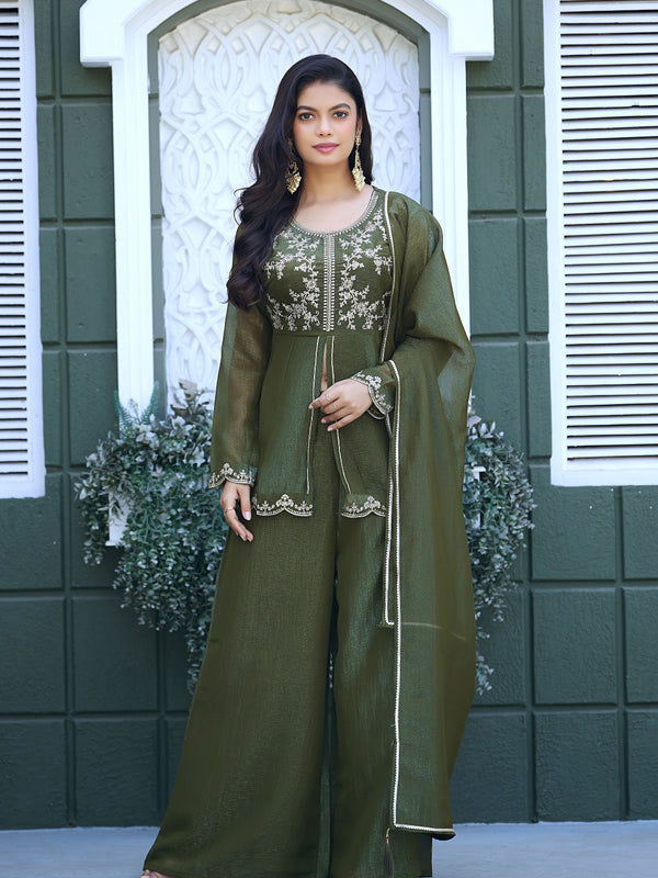 Women's Crunchy Silk Kurta With Pant & Dupatta Set