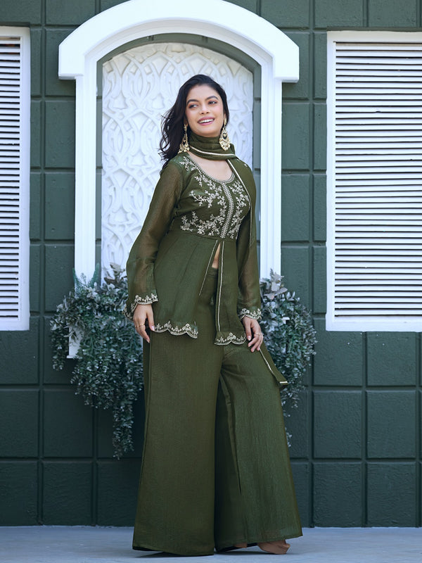 Women's Crunchy Silk Kurta With Pant & Dupatta Set