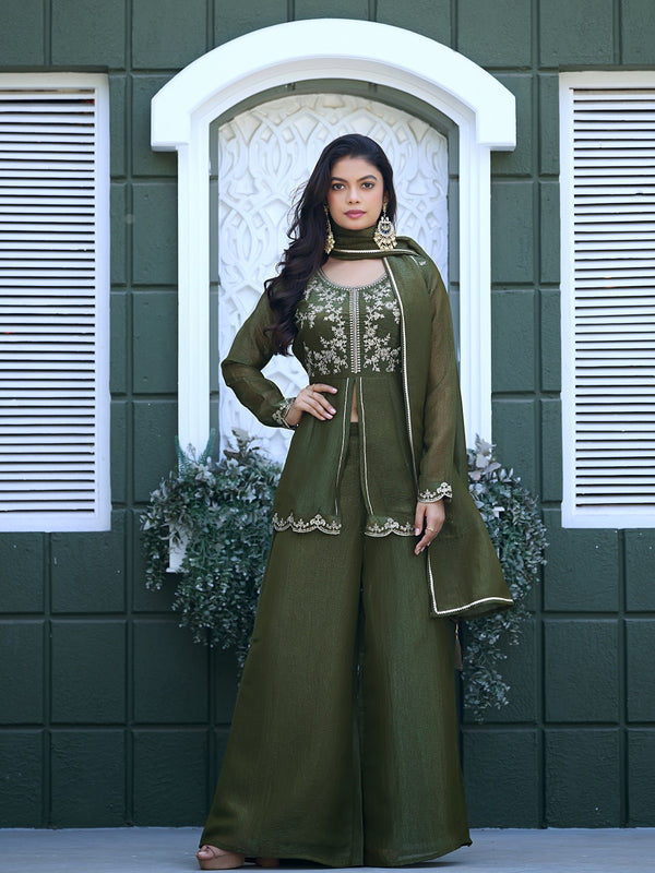 Women's Crunchy Silk Kurta With Pant & Dupatta Set