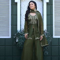 Women's Crunchy Silk Kurta With Pant & Dupatta Set