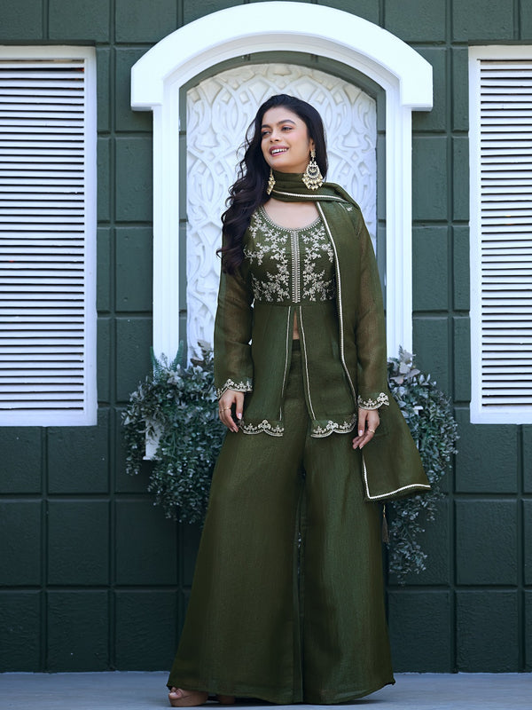 Women's Crunchy Silk Kurta With Pant & Dupatta Set