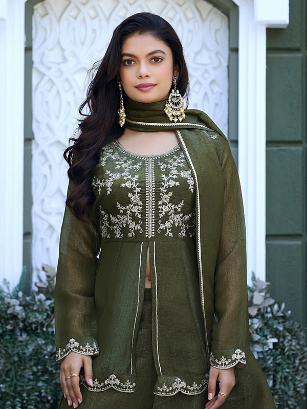 Women's Crunchy Silk Kurta With Pant & Dupatta Set