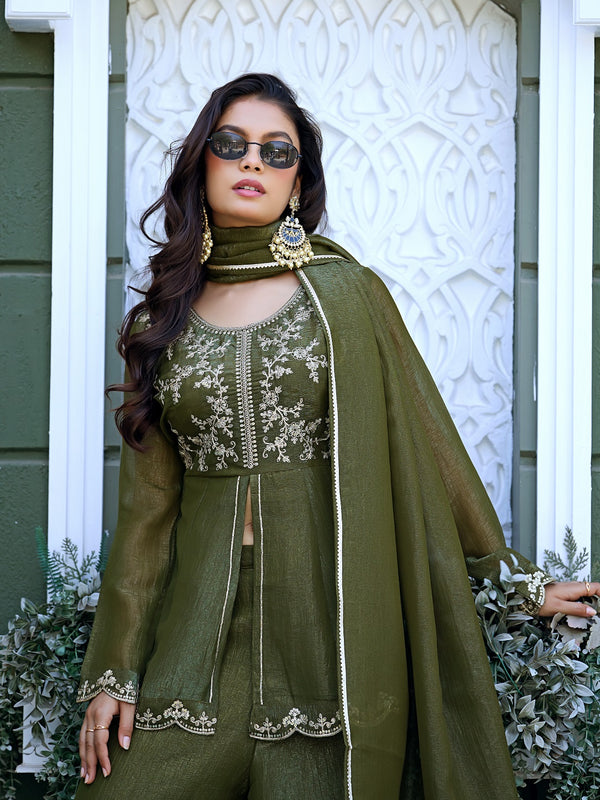 Women's Crunchy Silk Kurta With Pant & Dupatta Set