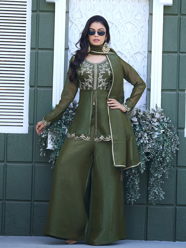Women's Crunchy Silk Kurta With Pant & Dupatta Set