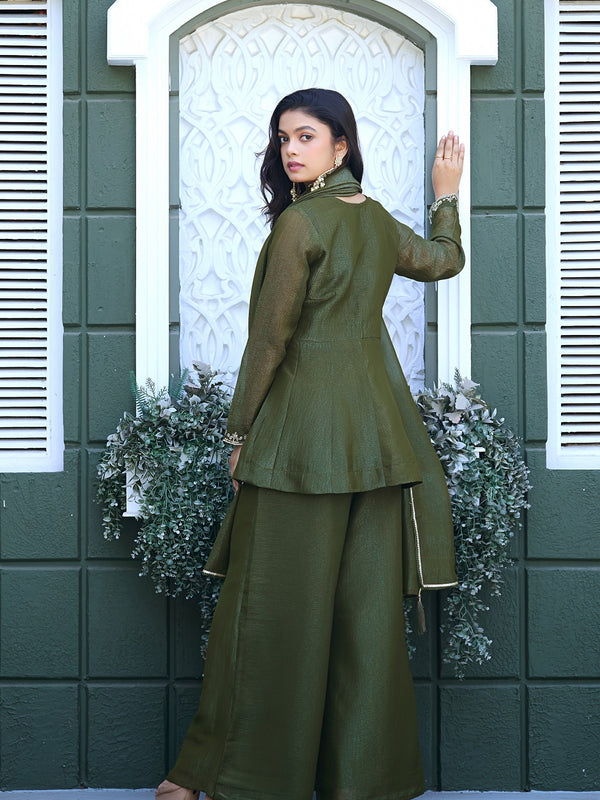 Women's Crunchy Silk Kurta With Pant & Dupatta Set