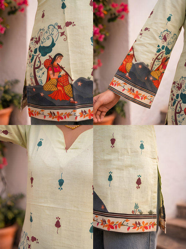 Women’s Cream Cotton Kalamkari Printed V-Neck Tunic