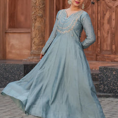 Women's Vichitra Silk Embroidered Kurta with Palazzo Pant & Dupatta Set