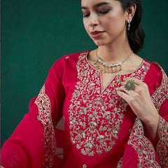 Women’s Chanderi Embroidered Kurta with Stitched Bottom & Organza Dupatta Set