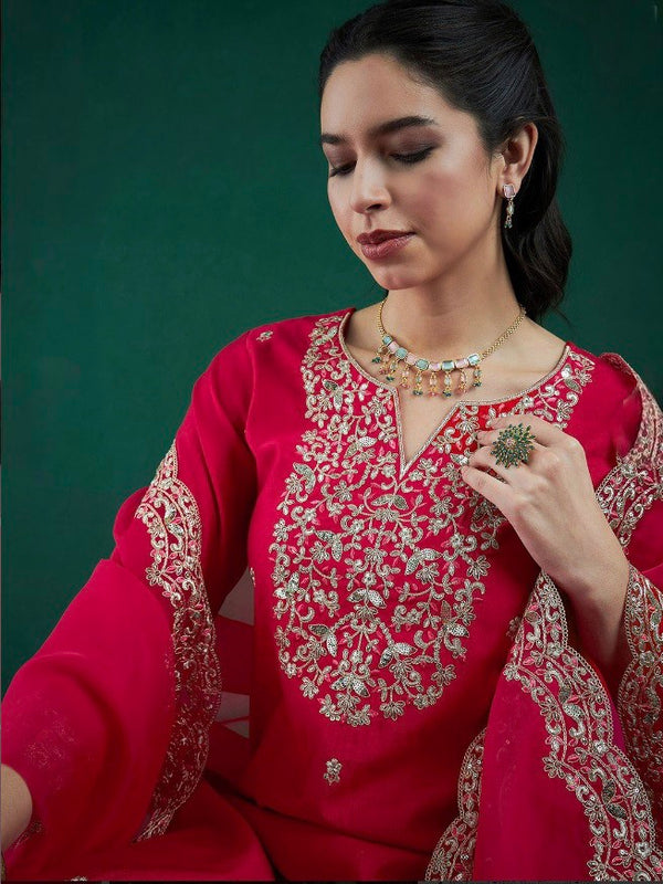 Women’s Chanderi Embroidered Kurta with Stitched Bottom & Organza Dupatta Set