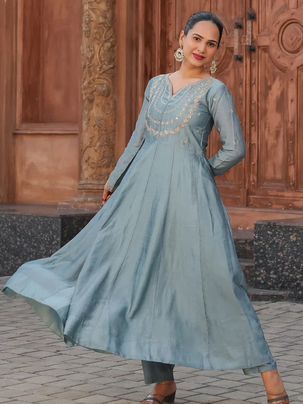 Women's Vichitra Silk Embroidered Kurta Palazzo & Dupatta Set