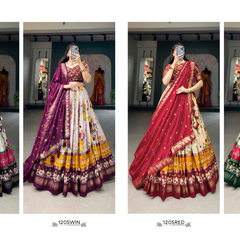 Women's Tusser Silk Floral Print Lehenga Choli with Foil Work & Gotta Patti Dupatta