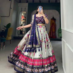 Women's Tusser Silk Floral Print Lehenga Choli with Foil Work & Gotta Patti Dupatta