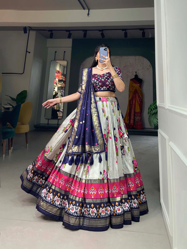Women's Tusser Silk Floral Print Lehenga Choli with Foil Work & Gotta Patti Dupatta
