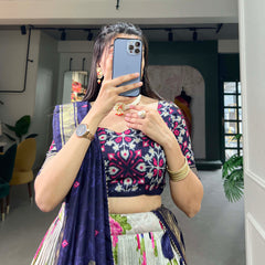 Women's Tusser Silk Floral Print Lehenga Choli with Foil Work & Gotta Patti Dupatta