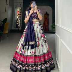 Women's Tusser Silk Floral Print Lehenga Choli with Foil Work & Gotta Patti Dupatta